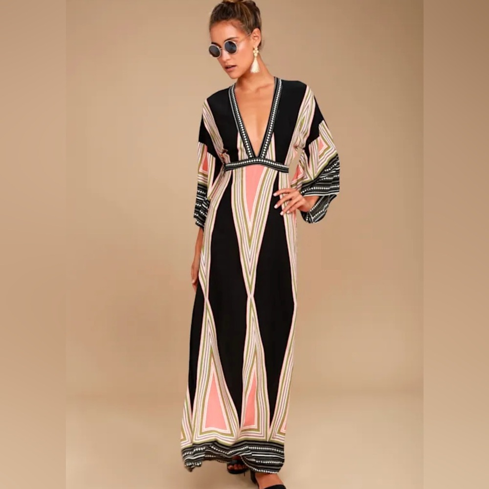 Lulu's Black and Pink Geometric Maxi Dress